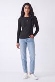 Black Crew Neck Printed Slim Fit Stretch Ribbed Top