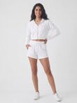 White Contrast Piping Printed Zip Up Hoodie With Short Set