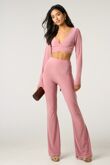 Nude Long Sleeve Tie Front Crop Top With High Waist Flare Pants