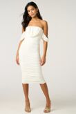 White Draped Strapless Midi Dress