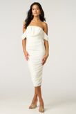 White Draped Strapless Midi Dress