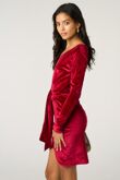 Wine Deep V Cocktail Look Tie Waist Velvet Mini Dress