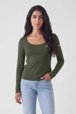 Green Printed Long Sleeve Scoop Neck Fitted Top