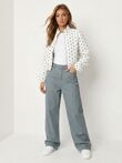 White Polka Dot Bubble Hem Zip Windbreaker Jacket-Copy
