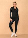 Navy Printed Striped Long Sleeve Active Top And Legging Energy Gym Set