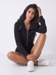 Black Contrast Piping Zip Up Hoodie With Short Set