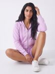 Pink Contrast Piping Zip Up Hoodie With Short Set