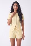 Butter Yellow Ribbed Button-Front Crop Top With Drawstring Shorts Set