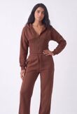 Brown Ribbed Corset Fit Hoodie With Straight Leg Trouser