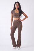 Brown V Neck Crop Top With High Waist Flare Leggings