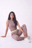 Wine Contrast Sleeveless Striped Top  And Relaxed Trouser