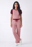 Ruched Short Sleeve Contrast Striped Top With Wide Leg Trouser