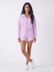 Pink Contrast Piping Zip Up Hoodie With Short Set