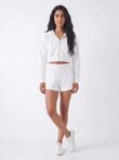 White Contrast Piping Zip Up Hoodie With Short Set