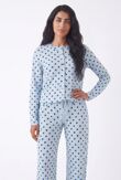 Blue Ribbed Polka Dot Molly Button Top And Wide Leg Trousers