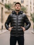 Black Pu Bubble Jacket With Detachable Hood