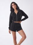 Black Contrast Piping Zip Up Hoodie With Short Set