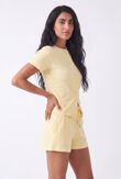 Butter Yellow Ribbed Button-Front Crop Top With Drawstring Shorts Set