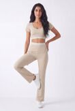 Beige V Neck Crop Top With High Waist Flare Leggings