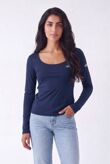 Navy Printed Long Sleeve Scoop Neck Fitted Top