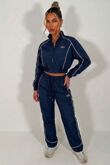 Navy Printed Water Resistant Zip Through Crop Top & Joggers Co-ord