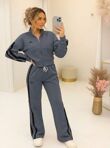 Bleach Grey Printed Interlock 2 Stripe Sweatshirt With Wide Leg Trouser