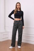 Charcoal Printed Wide Leg Elastic Waist Trousers