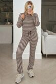 Navy and White Striped Long Sleeve Top and Wide Leg Trouser Co-Ord Set