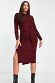 Wine Long Sleeve Belted Roll Neck Midi Dress