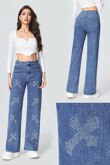 Blue Rhinestone Cross Wide Leg Denim Jeans