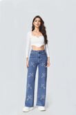 Blue Rhinestone Cross Wide Leg Denim Jeans
