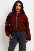 Cropped Puff Sleeve Zip Up Bomber Jacket