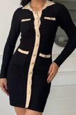 Black Long Sleeve Knitted Gold Button Front Bodycon Dress