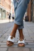 White Flat Slip On Mule Sandals With Metal Ring Accent