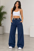 Navy Printed Contrast Waist Wide Leg Elastic Trousers