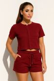 Wine Ribbed Button-Front Crop Top With Drawstring Shorts Set