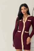 Wine Long Sleeve Knitted Gold Button Front Bodycon Dress