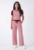 Ruched Short Sleeve Contrast Striped Top With Wide Leg Trouser