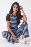 Ruched Short Sleeve Contrast Striped Top With Wide Leg Trouser