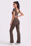 Brown V Neck Crop Top With High Waist Flare Leggings