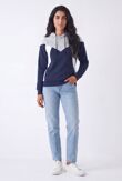 Grey Navy White Colour Block Casual Hoodie