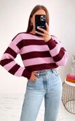 Wine With Pink Long Sleeve Stripe Balloon Jumper