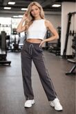 Dark Grey Contrast Side Piping Wide Leg Trouser