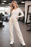 Beige Contrast Side Piping Wide Leg Trouser