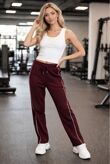 Wine Contrast Side Piping Wide Leg Trouser