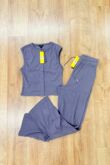 Slate Grey Ribbed Sleeveless Button Up Top With Wide Leg Trouser