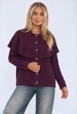 Wine Crew Neck Cape Button Up Ribbed Cardigan 