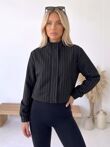 Brown Zip Up Pinstripe High-Neck Cropped Jacket