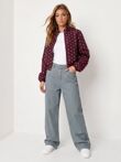 Wine Polka Dot Bubble Hem Zip Windbreaker Jacket