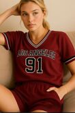 Plus Size Wine Contrast Short Sleeve LA Varsity T-Shirt